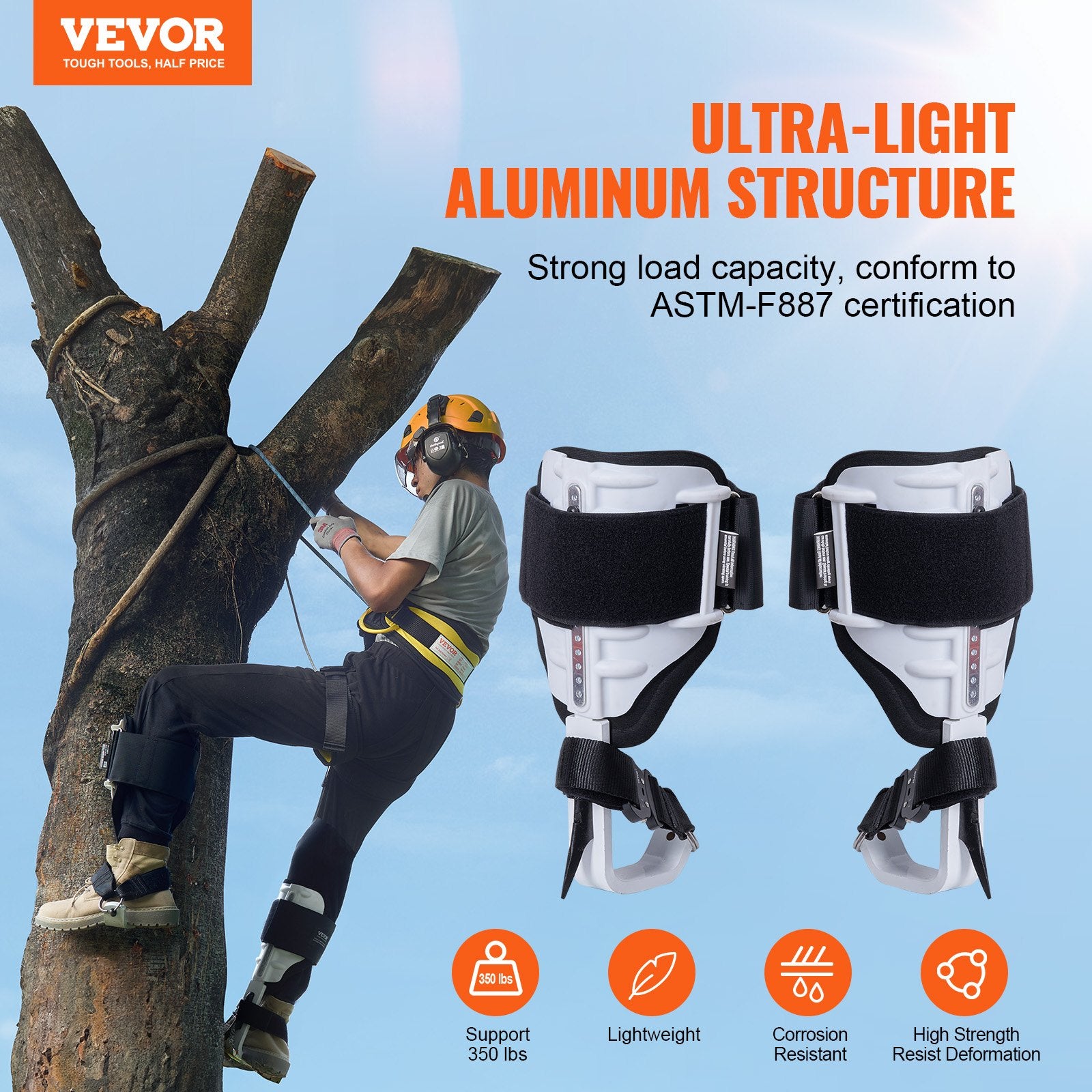 Outdoor Play Equipment: VEVOR Tree Climbing Spikes, 1 Pair Aluminum Climbing Spurs, 350lbs Load Capacity Tree Climbing Gear with Straps and Spike Protectors, Arborist Equipment for Climbers, Hunting, Fruit Picking, White