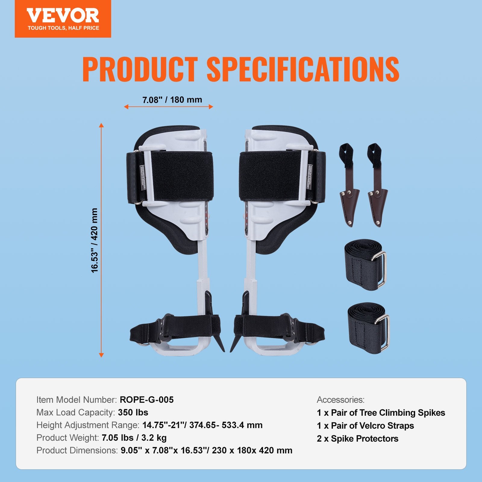 Outdoor Play Equipment: VEVOR Tree Climbing Spikes, 1 Pair Aluminum Climbing Spurs, 350lbs Load Capacity Tree Climbing Gear with Straps and Spike Protectors, Arborist Equipment for Climbers, Hunting, Fruit Picking, White