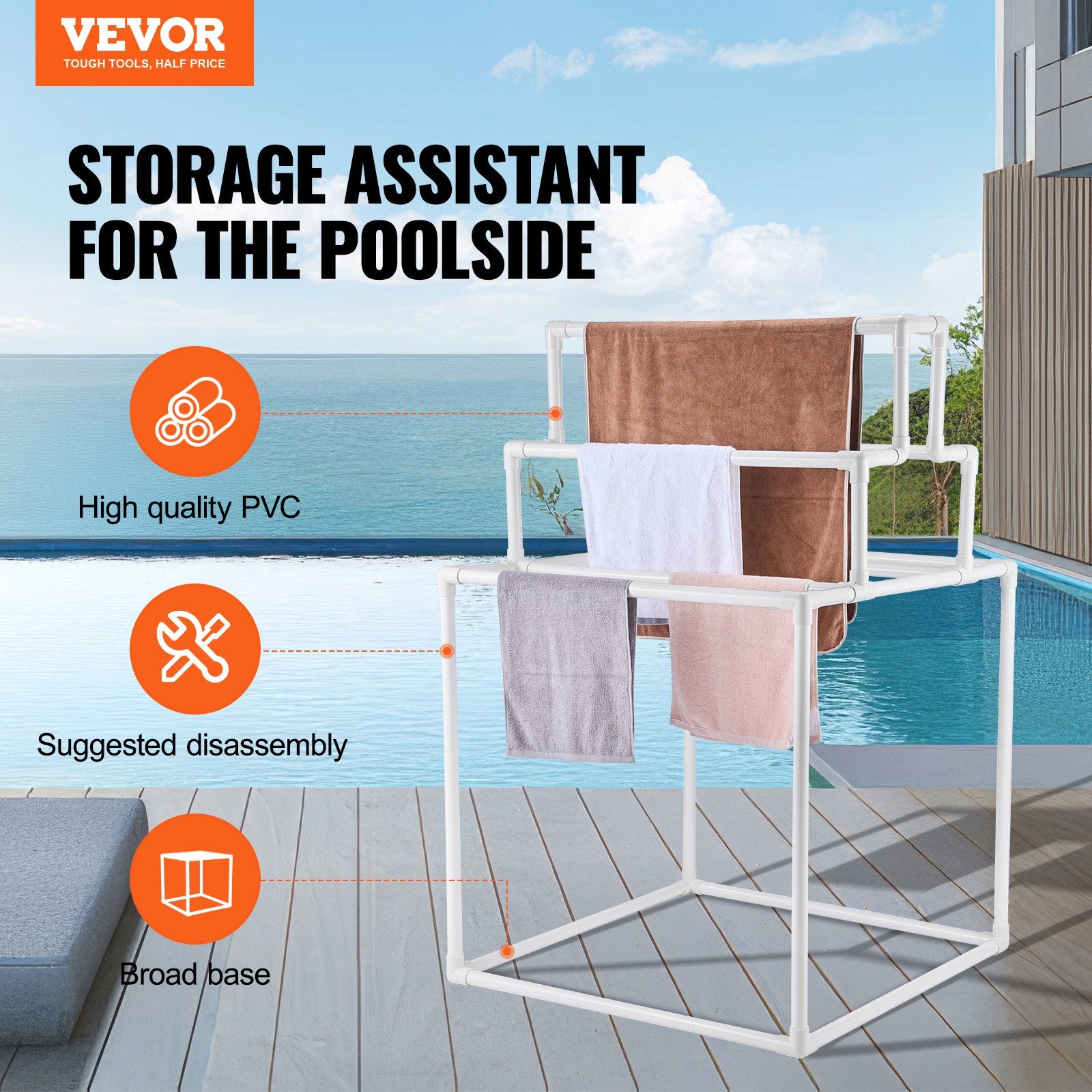 Towel Racks & Holders: VEVOR Towel Rack 8-Bar Outdoor PVC Towel Holder for Poolside Spa Bathroom White