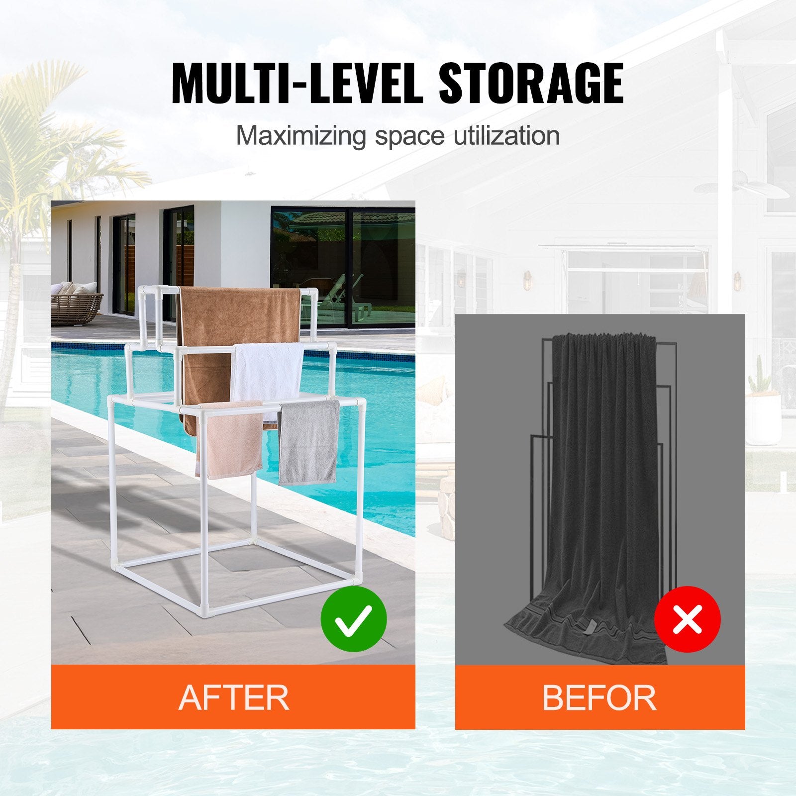 Towel Racks & Holders: VEVOR Towel Rack 8-Bar Outdoor PVC Towel Holder for Poolside Spa Bathroom White