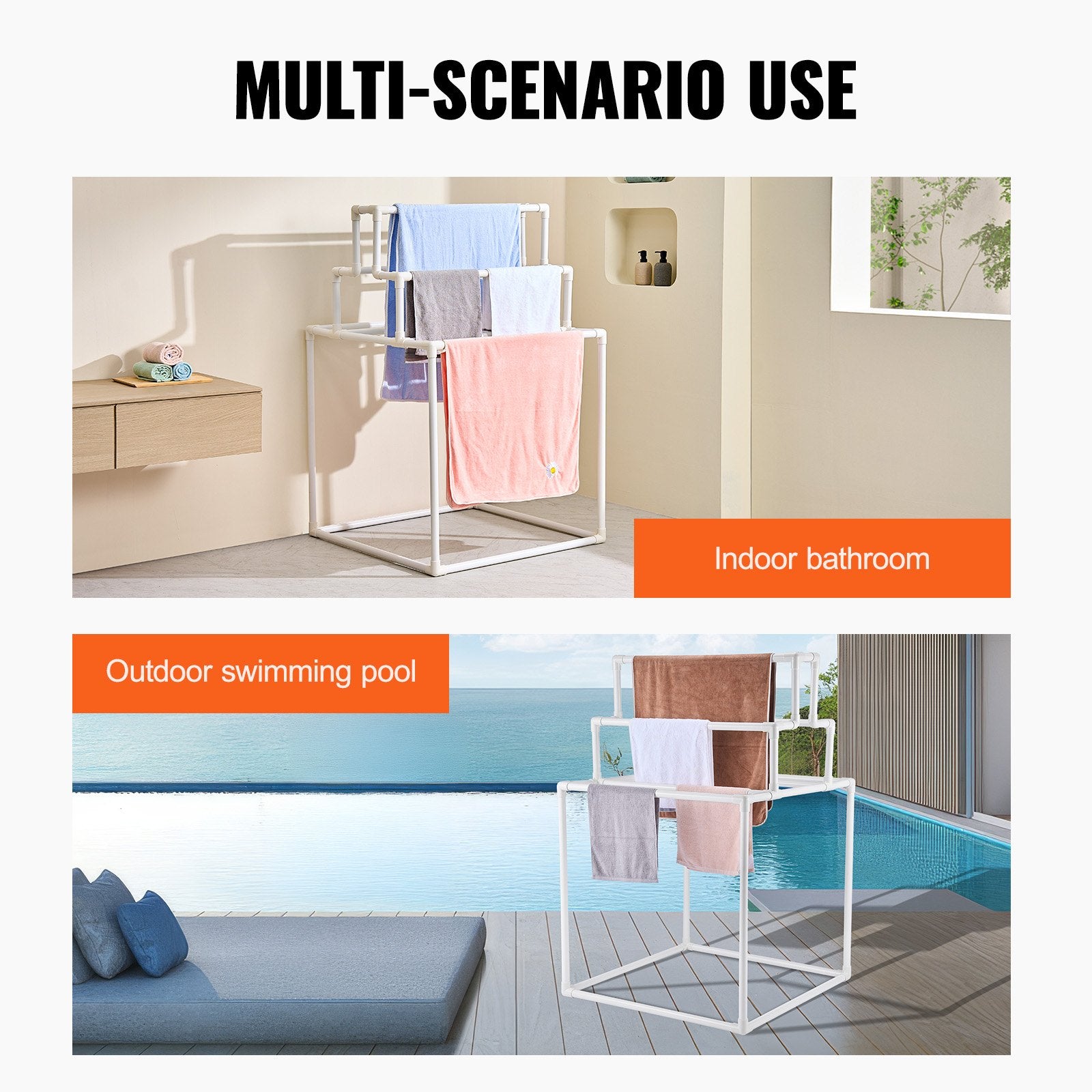 Towel Racks & Holders: VEVOR Towel Rack 8-Bar Outdoor PVC Towel Holder for Poolside Spa Bathroom White