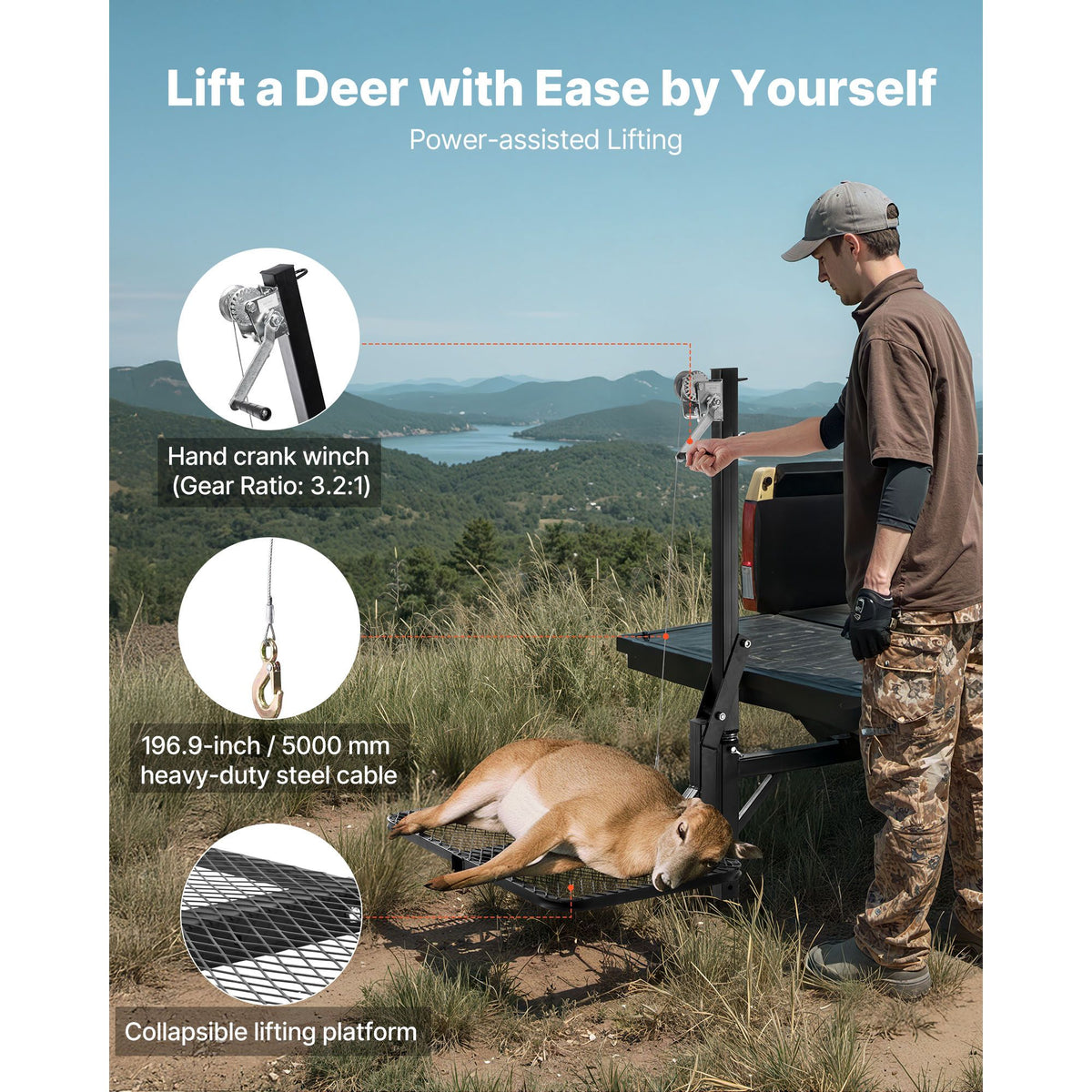 Hitch Deer Hoist with Lifting System Platform, 300 lbs Load Capacity, Game Hoist Winch Lift with 2-inch Receiver, 360-Degree Swivel Shaft & Foldable, Hitch-Mounted Deer Hanger for Moving Game