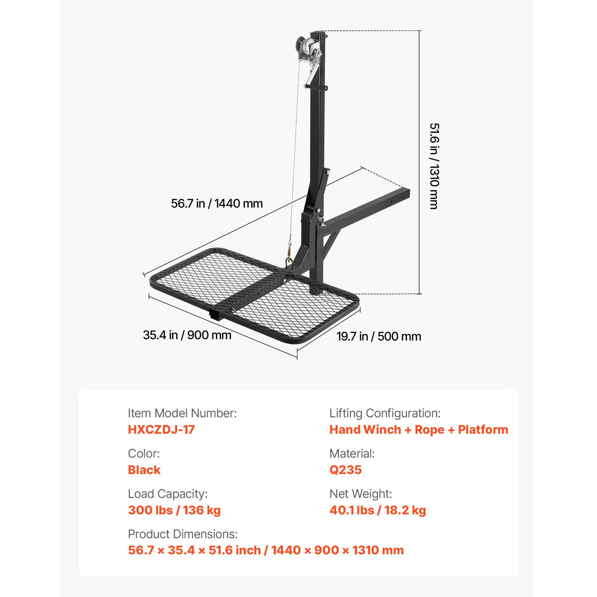 Hitch Deer Hoist with Lifting System Platform, 300 lbs Load Capacity, Game Hoist Winch Lift with 2-inch Receiver, 360-Degree Swivel Shaft & Foldable, Hitch-Mounted Deer Hanger for Moving Game