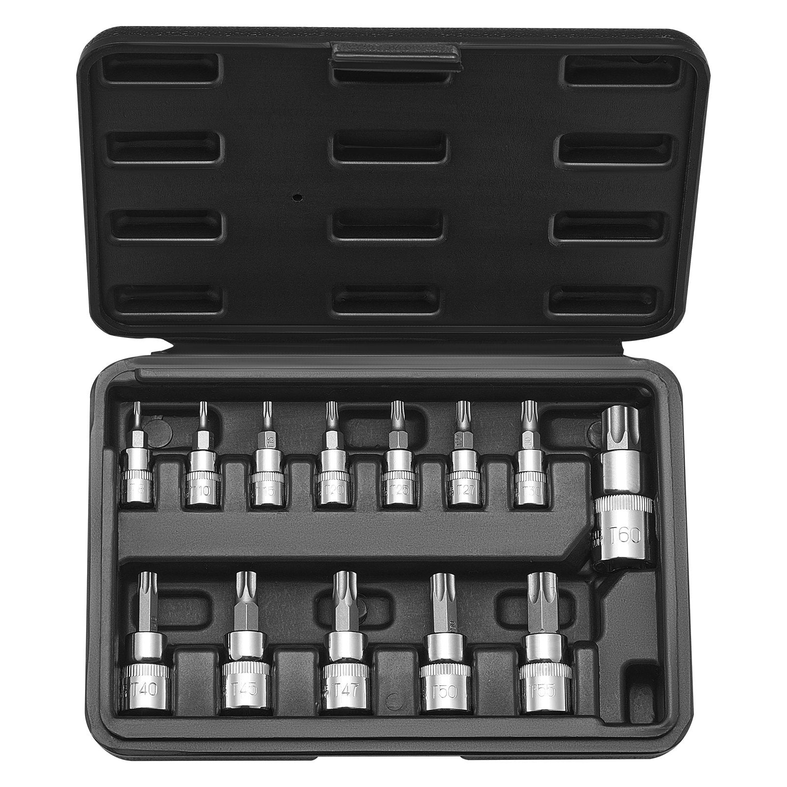 Tool Sockets: VEVOR Torx Bit Socket Set, 13-Piece Star T8 - T60 Set, S2 Alloy Steel and Cr-V Steel, 1/4 in, 3/8 in, and 1/2 in Drives, with Enhanced Storage Case, Torx Sockets for Hand Use, Mechanics, Auto Repair