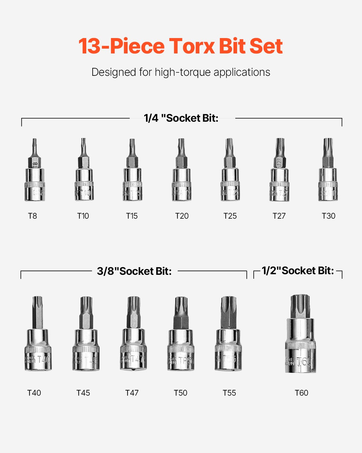Tool Sockets: VEVOR Torx Bit Socket Set, 13-Piece Star T8 - T60 Set, S2 Alloy Steel and Cr-V Steel, 1/4 in, 3/8 in, and 1/2 in Drives, with Enhanced Storage Case, Torx Sockets for Hand Use, Mechanics, Auto Repair