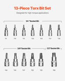 Tool Sockets: VEVOR Torx Bit Socket Set, 13-Piece Star T8 - T60 Set, S2 Alloy Steel and Cr-V Steel, 1/4 in, 3/8 in, and 1/2 in Drives, with Enhanced Storage Case, Torx Sockets for Hand Use, Mechanics, Auto Repair