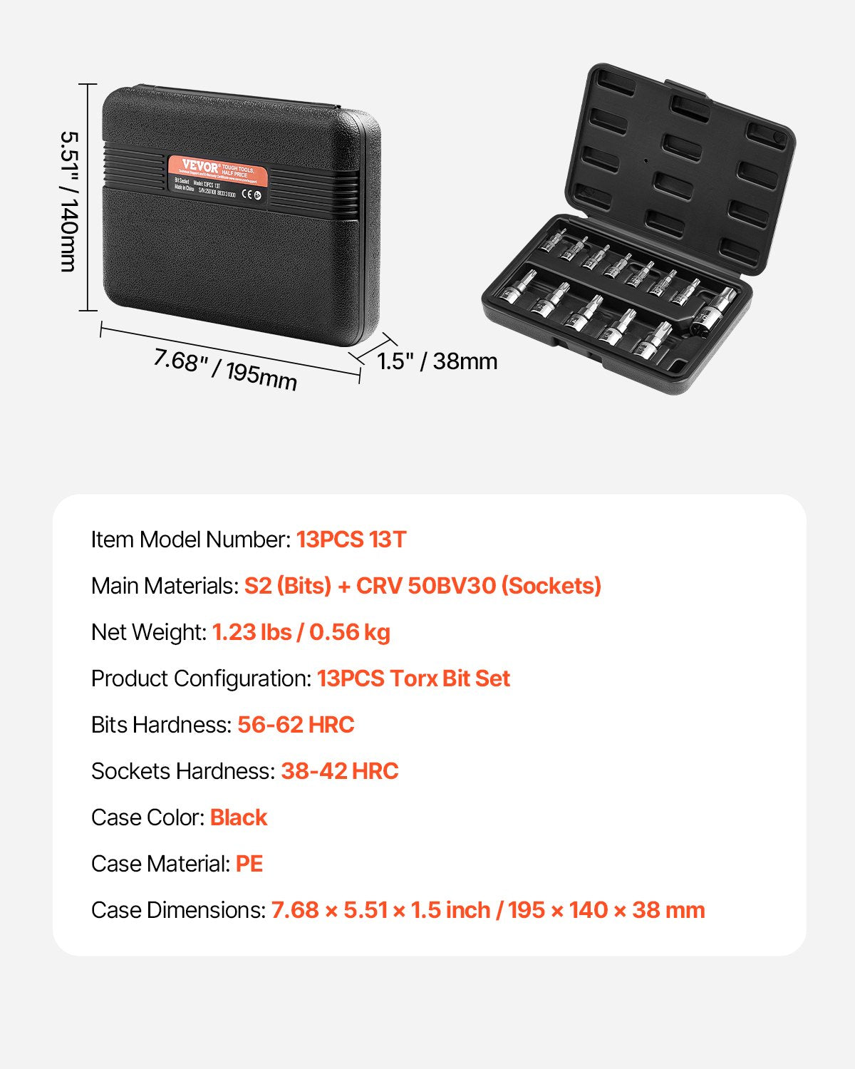 Tool Sockets: VEVOR Torx Bit Socket Set, 13-Piece Star T8 - T60 Set, S2 Alloy Steel and Cr-V Steel, 1/4 in, 3/8 in, and 1/2 in Drives, with Enhanced Storage Case, Torx Sockets for Hand Use, Mechanics, Auto Repair