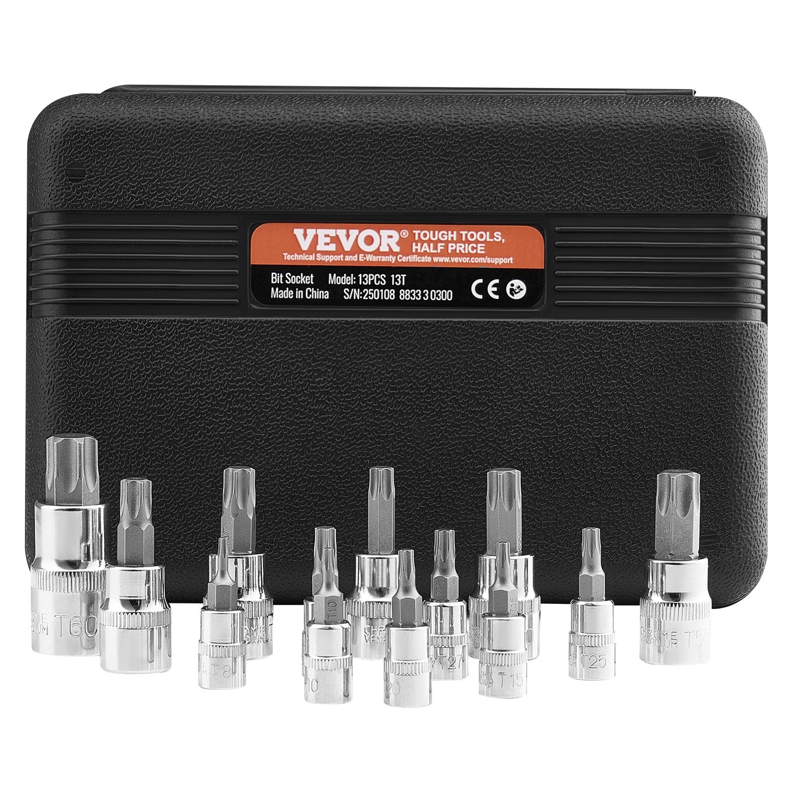 Tool Sockets: VEVOR Torx Bit Socket Set, 13-Piece Star T8 - T60 Set, S2 Alloy Steel and Cr-V Steel, 1/4 in, 3/8 in, and 1/2 in Drives, with Enhanced Storage Case, Torx Sockets for Hand Use, Mechanics, Auto Repair
