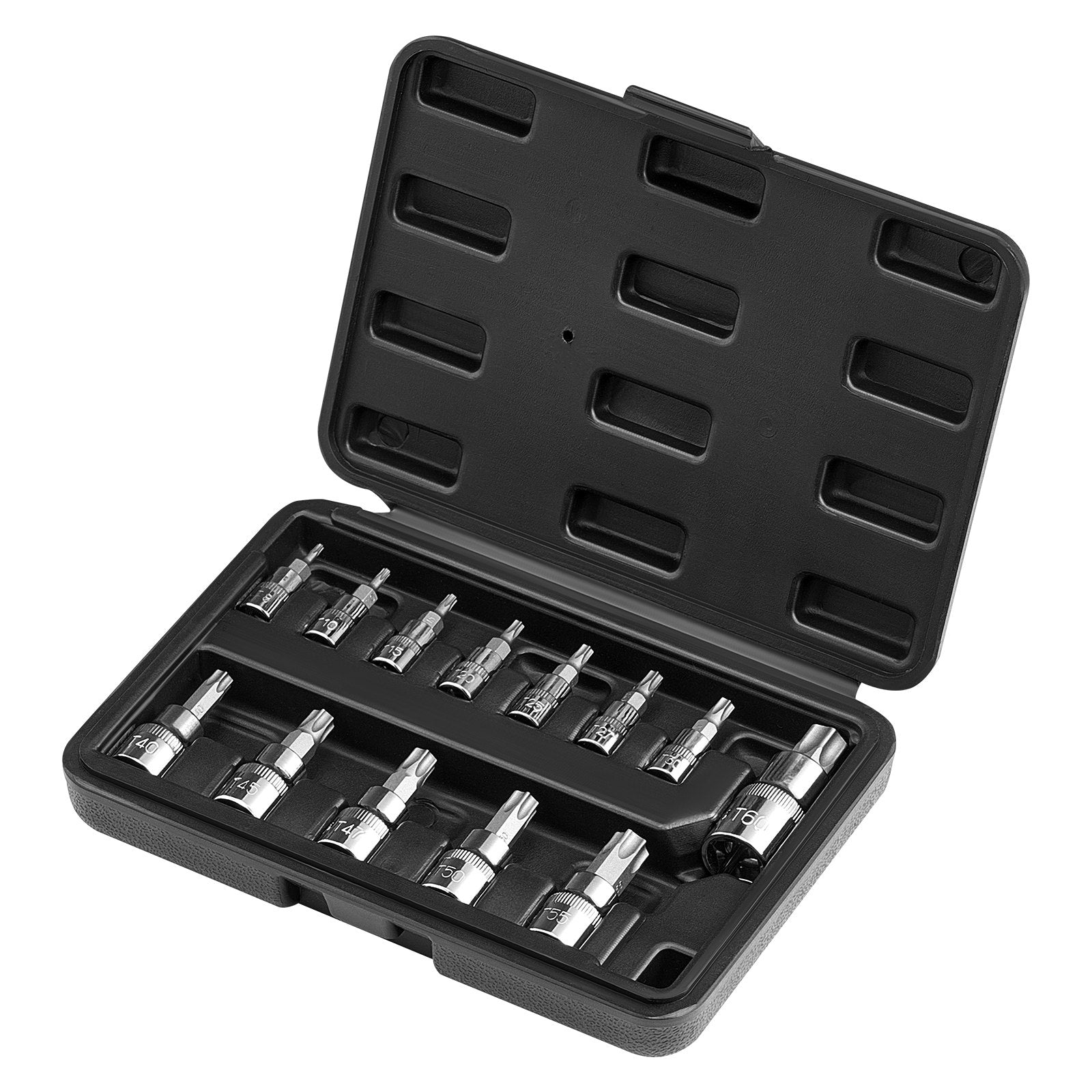 Tool Sockets: VEVOR Torx Bit Socket Set, 13-Piece Star T8 - T60 Set, S2 Alloy Steel and Cr-V Steel, 1/4 in, 3/8 in, and 1/2 in Drives, with Enhanced Storage Case, Torx Sockets for Hand Use, Mechanics, Auto Repair