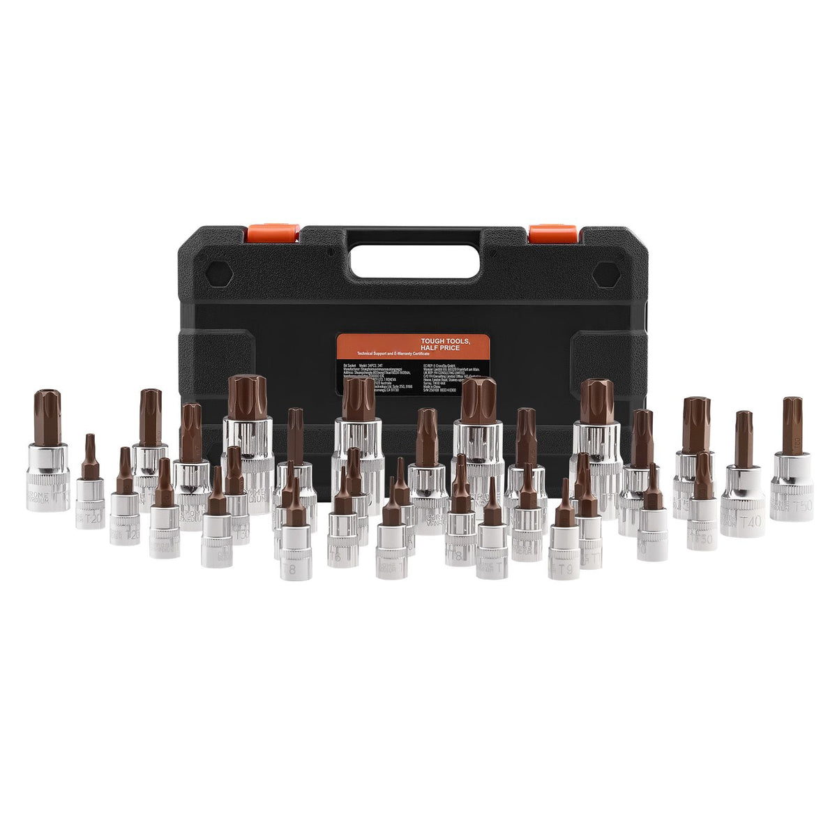 Torx Bit Socket Set, 34-Piece Solid Star and Tamper Proof T6-T70, S2 Alloy Steel and Cr-V Steel, 1/4 in, 3/8 in, and 1/2 in Drives, with Enhanced Storage Case, Torx Sockets for Hand Use