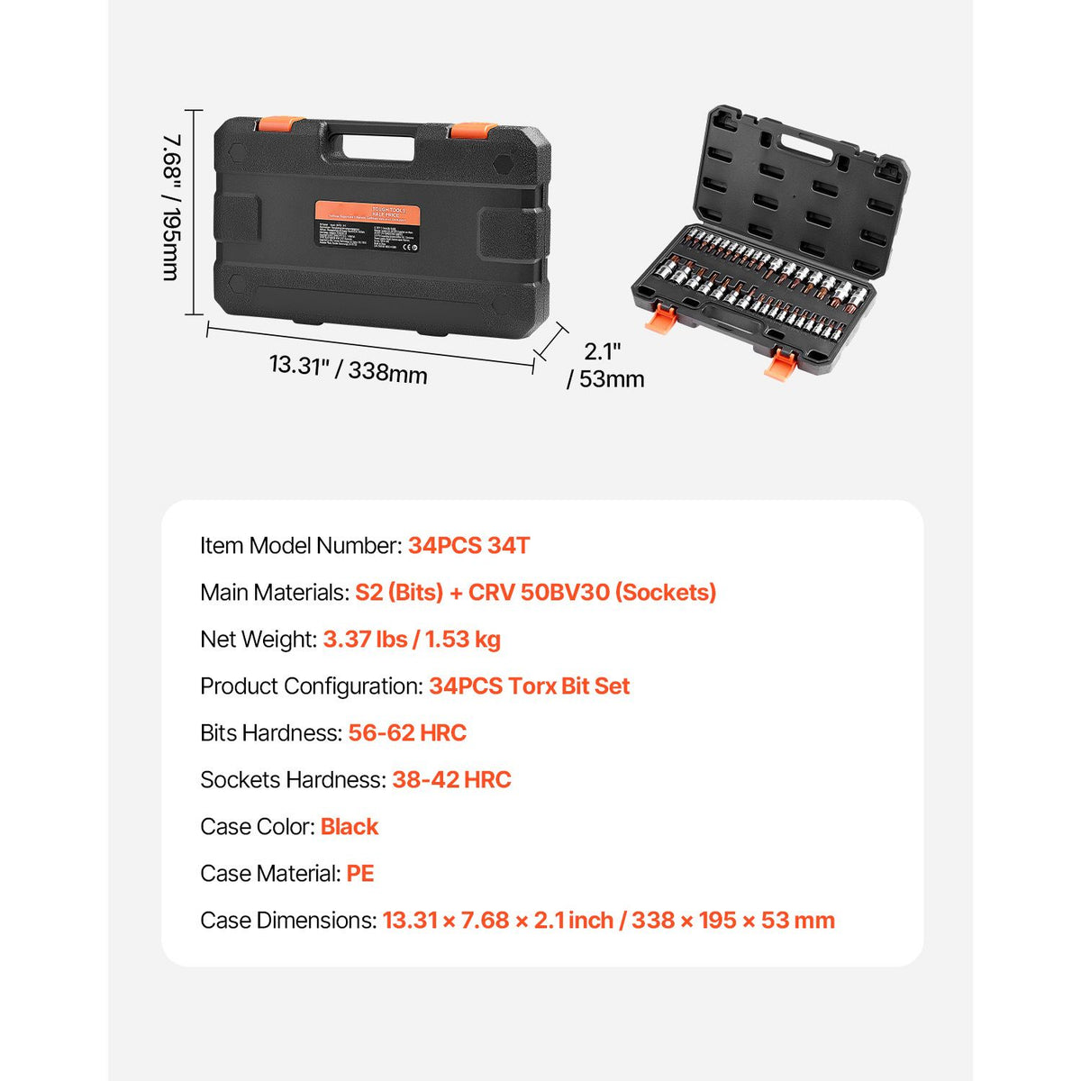 Torx Bit Socket Set, 34-Piece Solid Star and Tamper Proof T6-T70, S2 Alloy Steel and Cr-V Steel, 1/4 in, 3/8 in, and 1/2 in Drives, with Enhanced Storage Case, Torx Sockets for Hand Use