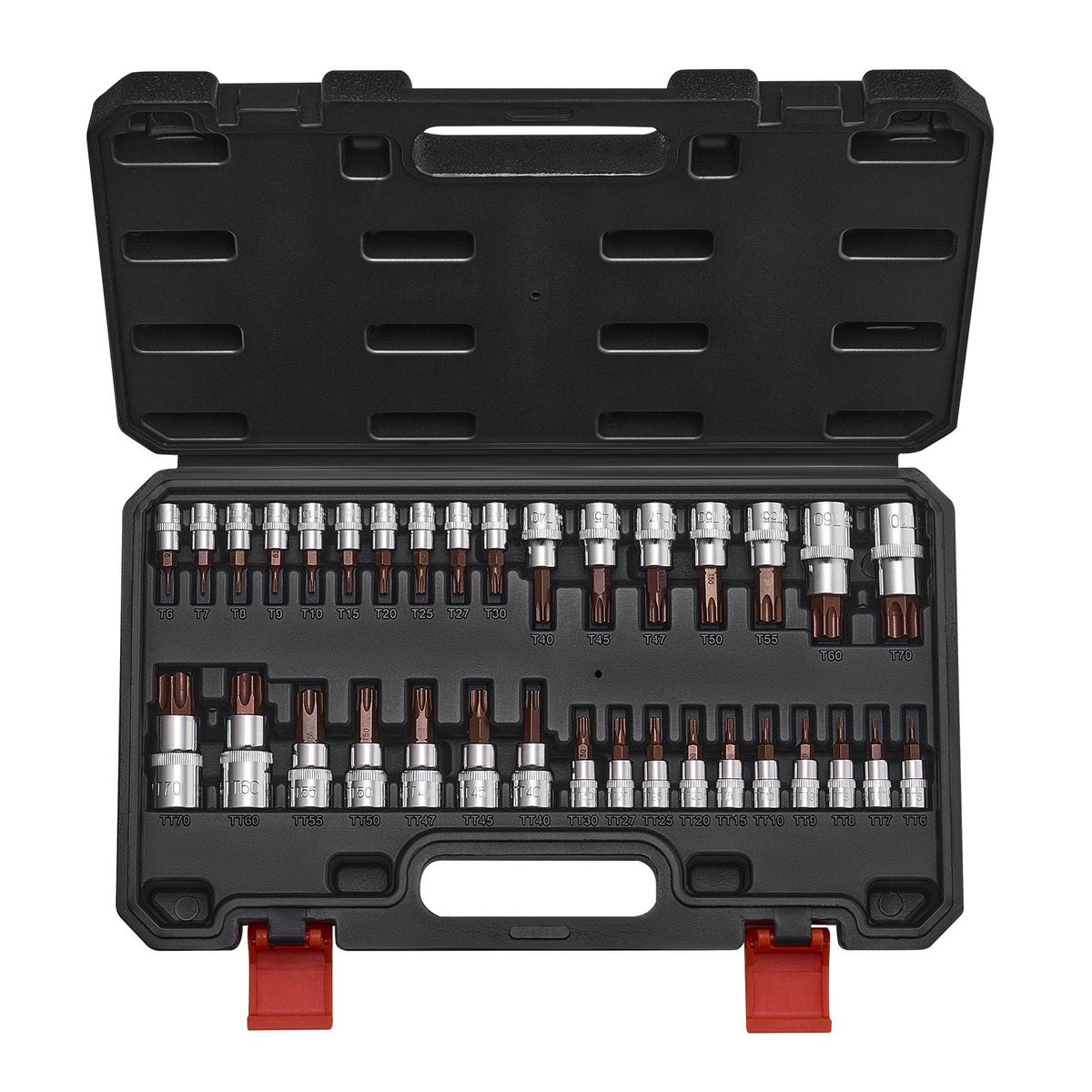 Torx Bit Socket Set, 34-Piece Solid Star and Tamper Proof T6-T70, S2 Alloy Steel and Cr-V Steel, 1/4 in, 3/8 in, and 1/2 in Drives, with Enhanced Storage Case, Torx Sockets for Hand Use