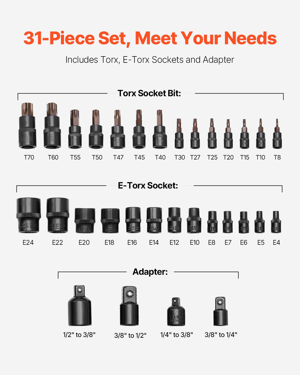 Drill & Screwdriver Accessories: Torx Bit Socket and External Torx Socket Set 31-Piece T8-T70 and E4-E24 Steel