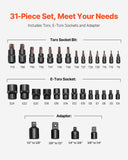 Drill & Screwdriver Accessories: Torx Bit Socket and External Torx Socket Set 31-Piece T8-T70 and E4-E24 Steel