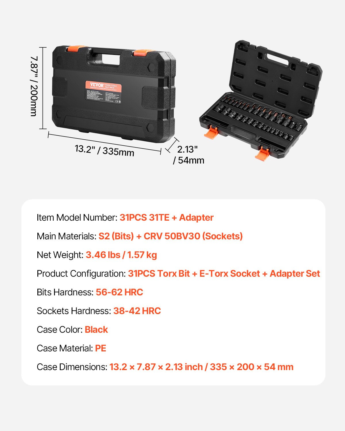 Drill & Screwdriver Accessories: Torx Bit Socket and External Torx Socket Set 31-Piece T8-T70 and E4-E24 Steel