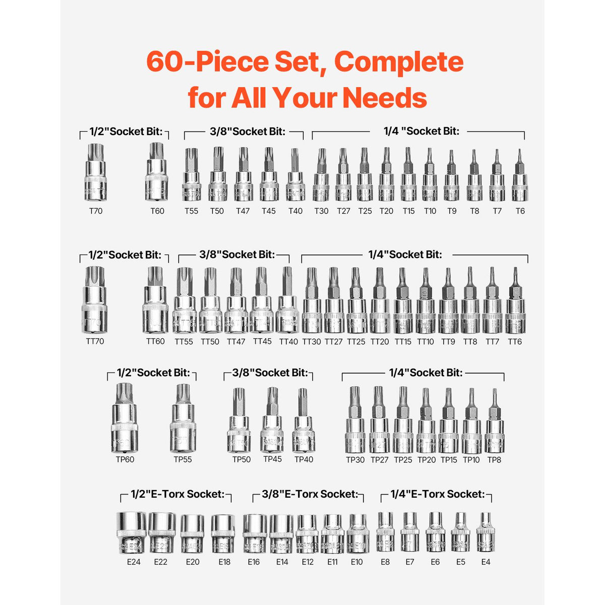 Torx Bit Socket and External Torx Socket Set, 60-Piece T6-T70, TT6-TT70, TP8-TP60, E4-E24, S2 Alloy Steel and Cr-V Steel, 1/4 in, 3/8 in, and 1/2 in Drives, with Enhanced Storage Case, Hand Use