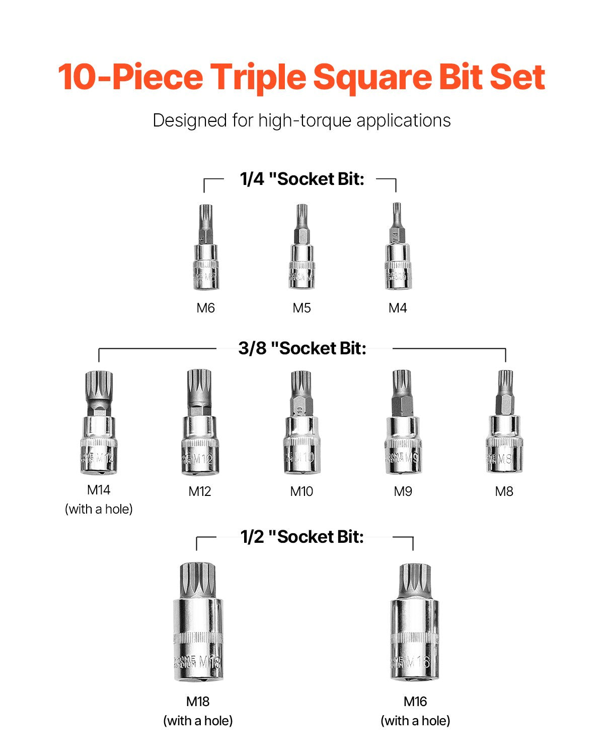 Drill & Screwdriver Accessories: XZN Triple Square Spline Bit Socket Set 10-Piece M4-M18 Cr-V Steel Storage Case