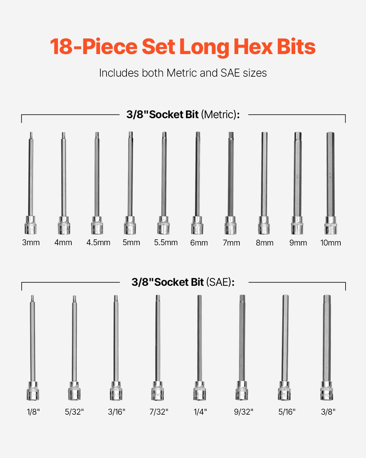 Women's Socks & Hosiery: VEVOR Extra Long Allen Hex Bit Socket Set, 18-Piece 3/8 inch Drive, S2 Alloy Steel and Cr-V Steel, Standard SAE and Metric 1/8-Inch-3/8-Inch, 3-12mm, with Enhanced Storage Case, for Mechanics