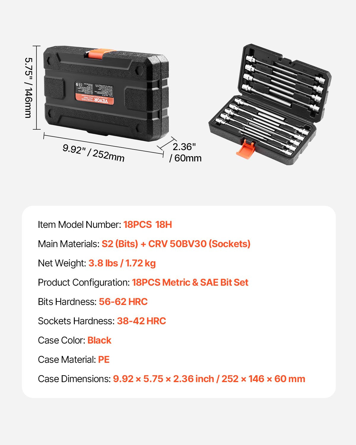 Women's Socks & Hosiery: VEVOR Extra Long Allen Hex Bit Socket Set, 18-Piece 3/8 inch Drive, S2 Alloy Steel and Cr-V Steel, Standard SAE and Metric 1/8-Inch-3/8-Inch, 3-12mm, with Enhanced Storage Case, for Mechanics