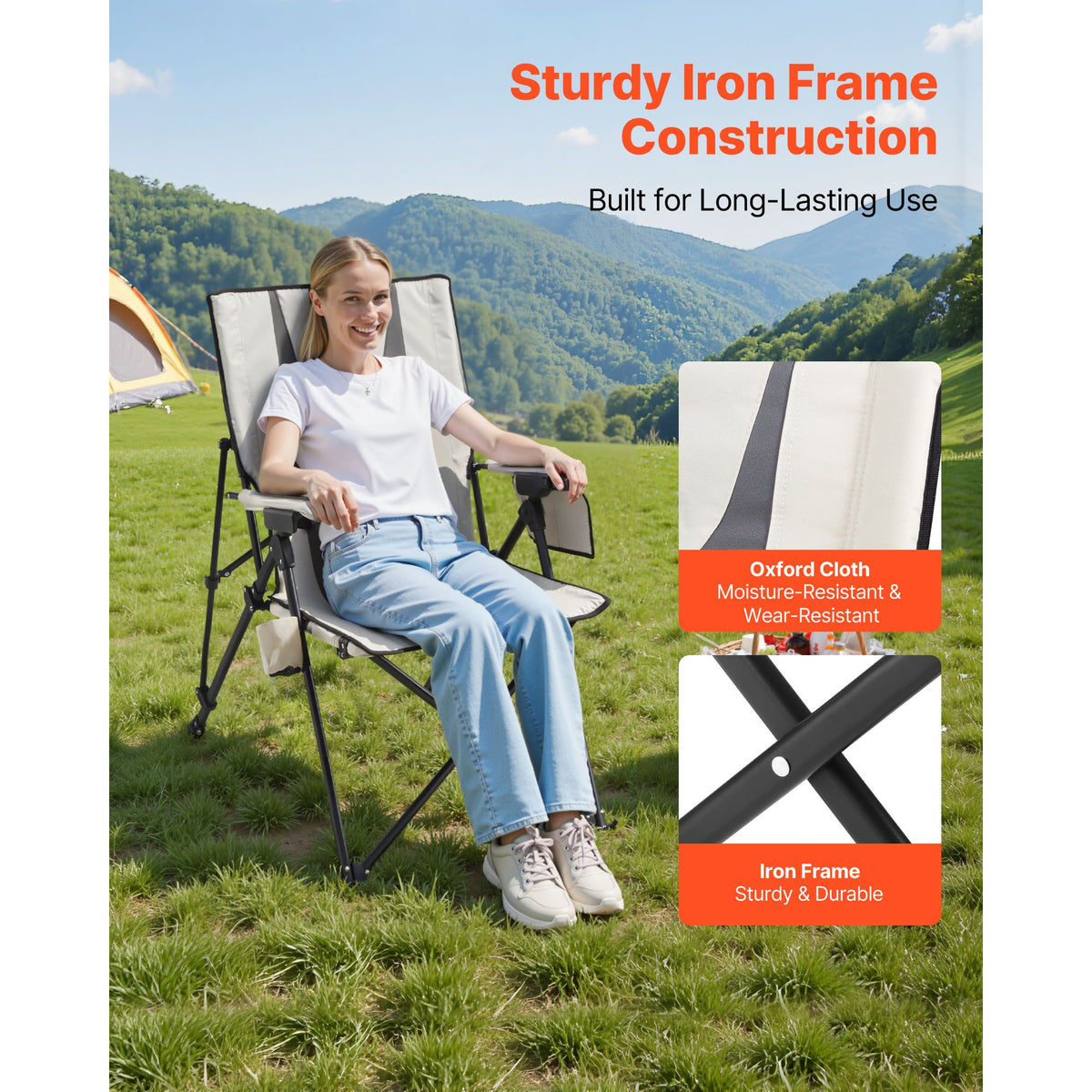 Folding Camping Chair, 3 Reclining Positions, Outdoor High Back Camping Chair, 260lbs Weight Capacity, Full Padded Beach Chairs with Armrest & Headrest, Portable Lawn Chairs for Sports Travel
