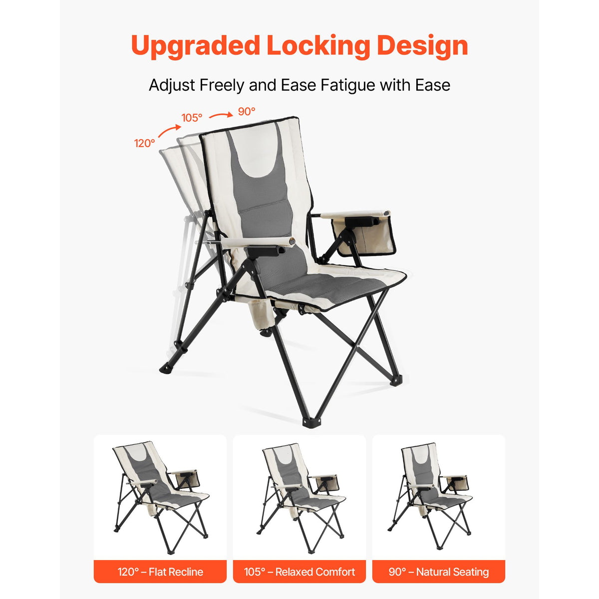 Folding Camping Chair, 3 Reclining Positions, Outdoor High Back Camping Chair, 260lbs Weight Capacity, Full Padded Beach Chairs with Armrest & Headrest, Portable Lawn Chairs for Sports Travel