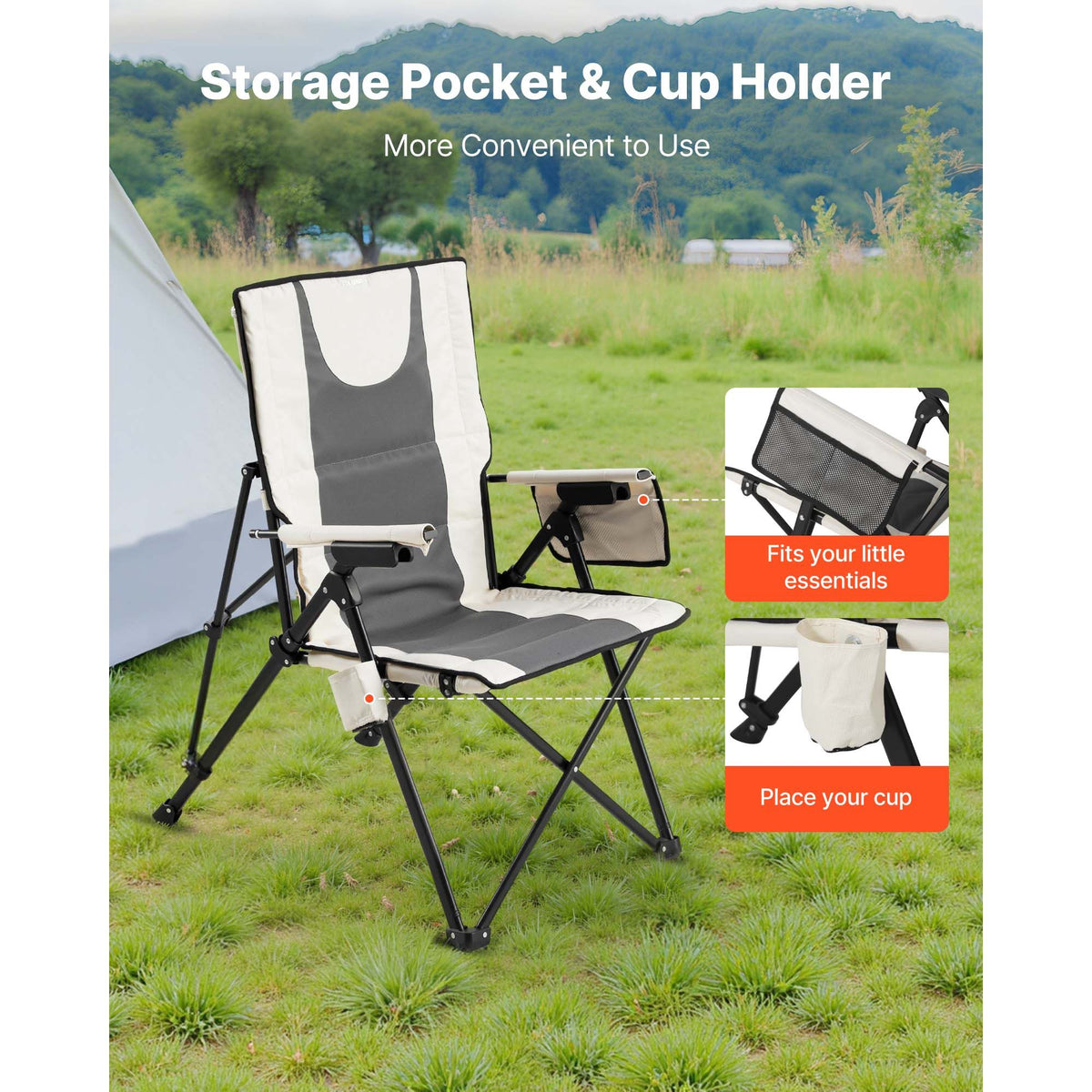 Folding Camping Chair, 3 Reclining Positions, Outdoor High Back Camping Chair, 260lbs Weight Capacity, Full Padded Beach Chairs with Armrest & Headrest, Portable Lawn Chairs for Sports Travel