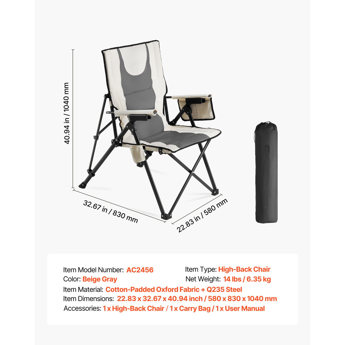 Folding Camping Chair, 3 Reclining Positions, Outdoor High Back Camping Chair, 260lbs Weight Capacity, Full Padded Beach Chairs with Armrest & Headrest, Portable Lawn Chairs for Sports Travel