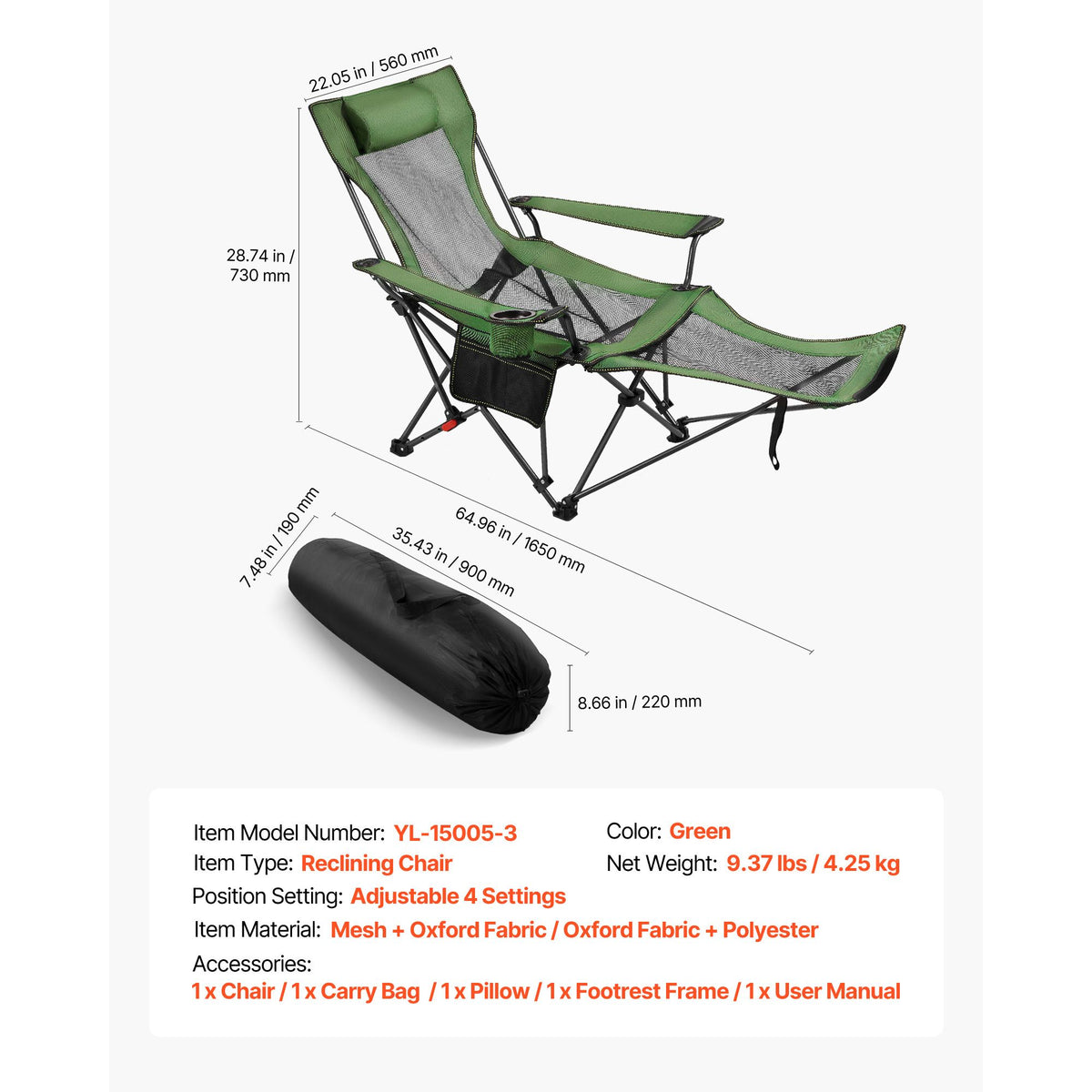 Reclining Camping Chair, 4 Adjustable Positions, Portable Folding Lounger for Adults, Mesh Beach Chair with Headrest & Foot Rest, Supports 220 lbs, Heavy Duty Camp Chairs for Patio, Green