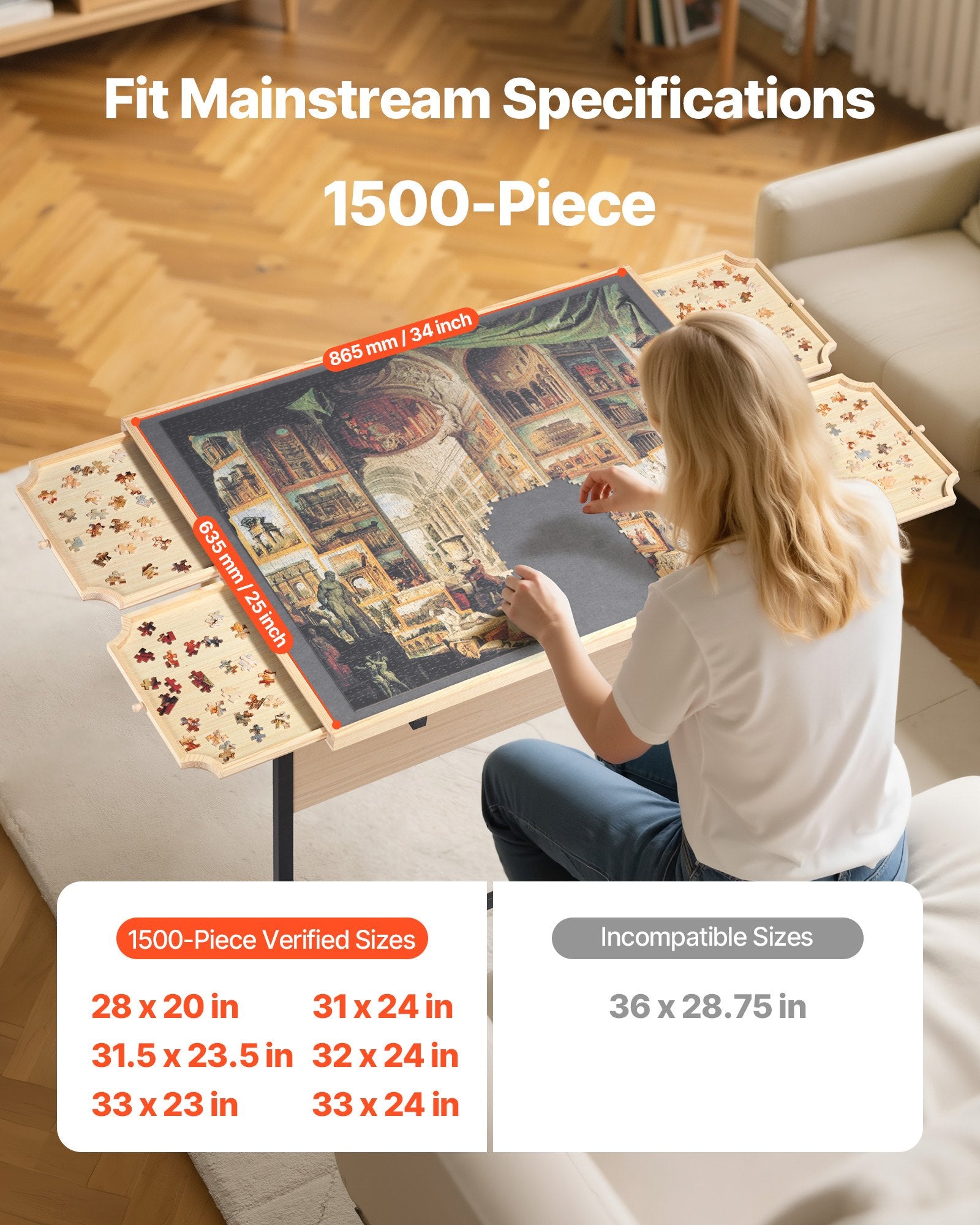 1500 Piece Puzzle Table with Legs, 4 Drawers and Cover, 86x63cm Portable Wooden Board with Wheels, Jigsaw Puzzle Accessories for Adults, Adjustable Height & 5-Tilting-Angle, Gift for Mom