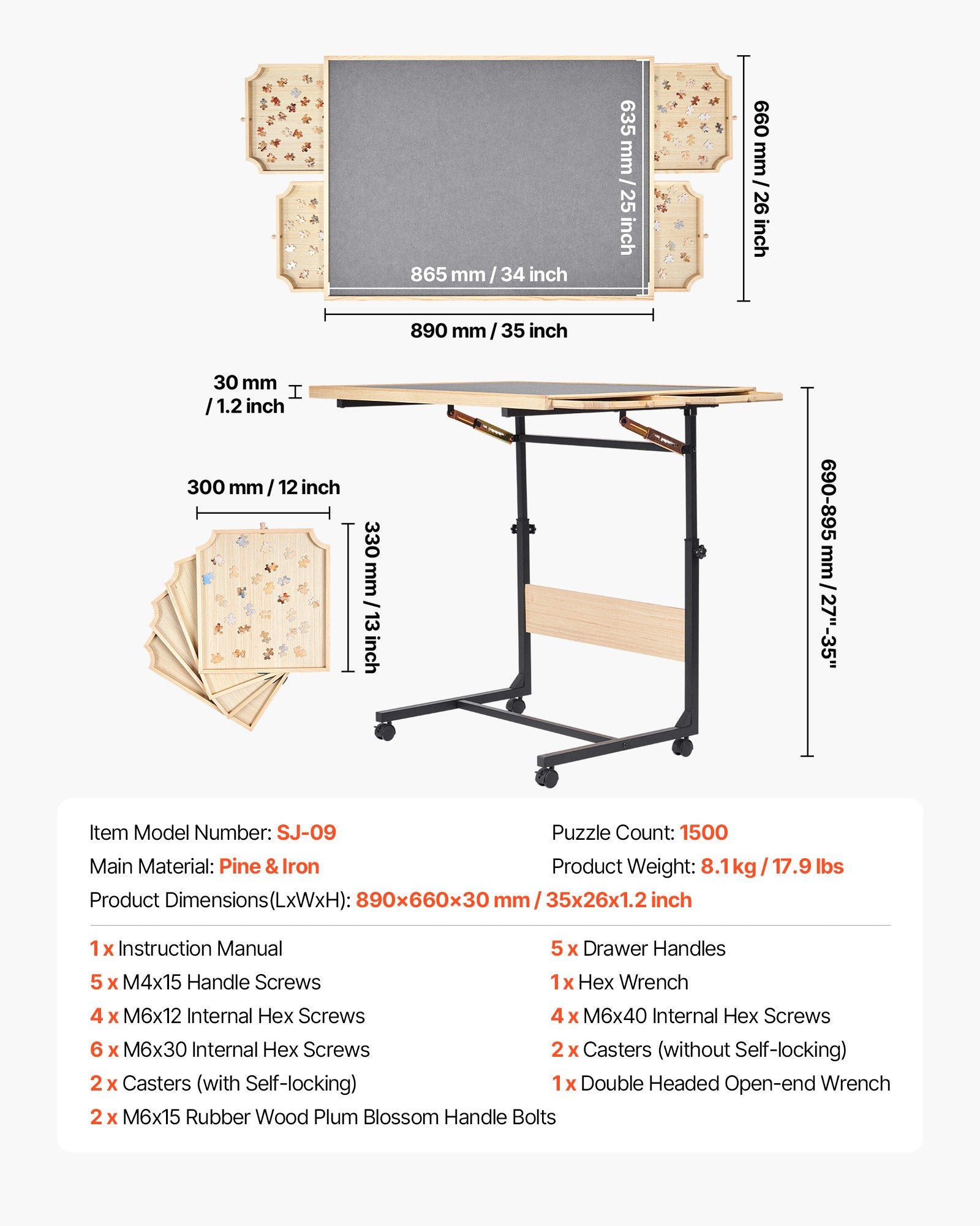 1500 Piece Puzzle Table with Legs, 4 Drawers and Cover, 86x63cm Portable Wooden Board with Wheels, Jigsaw Puzzle Accessories for Adults, Adjustable Height & 5-Tilting-Angle, Gift for Mom