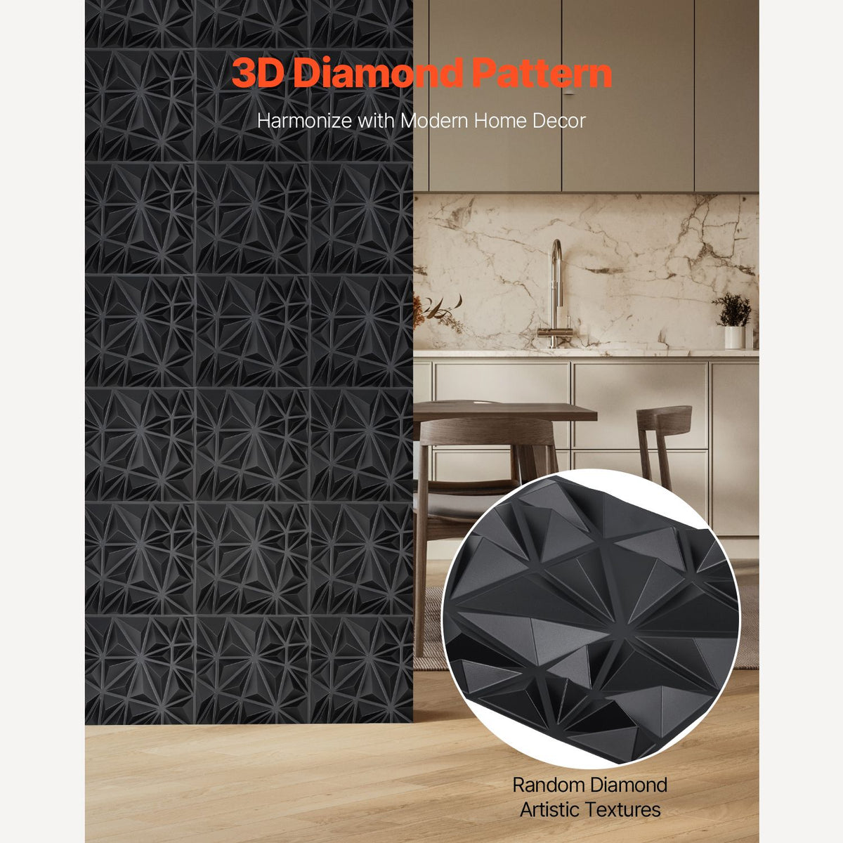 3D Wall Panels, 33-Pack 30 x 30 cm PVC Modern Art Minimalist Diamond Tiles, 2.97 m² Coverage Accent Wall Panel, Interior Home Decor for Ceiling, Bedroom, Living Room, Gaming Room, Matte Black