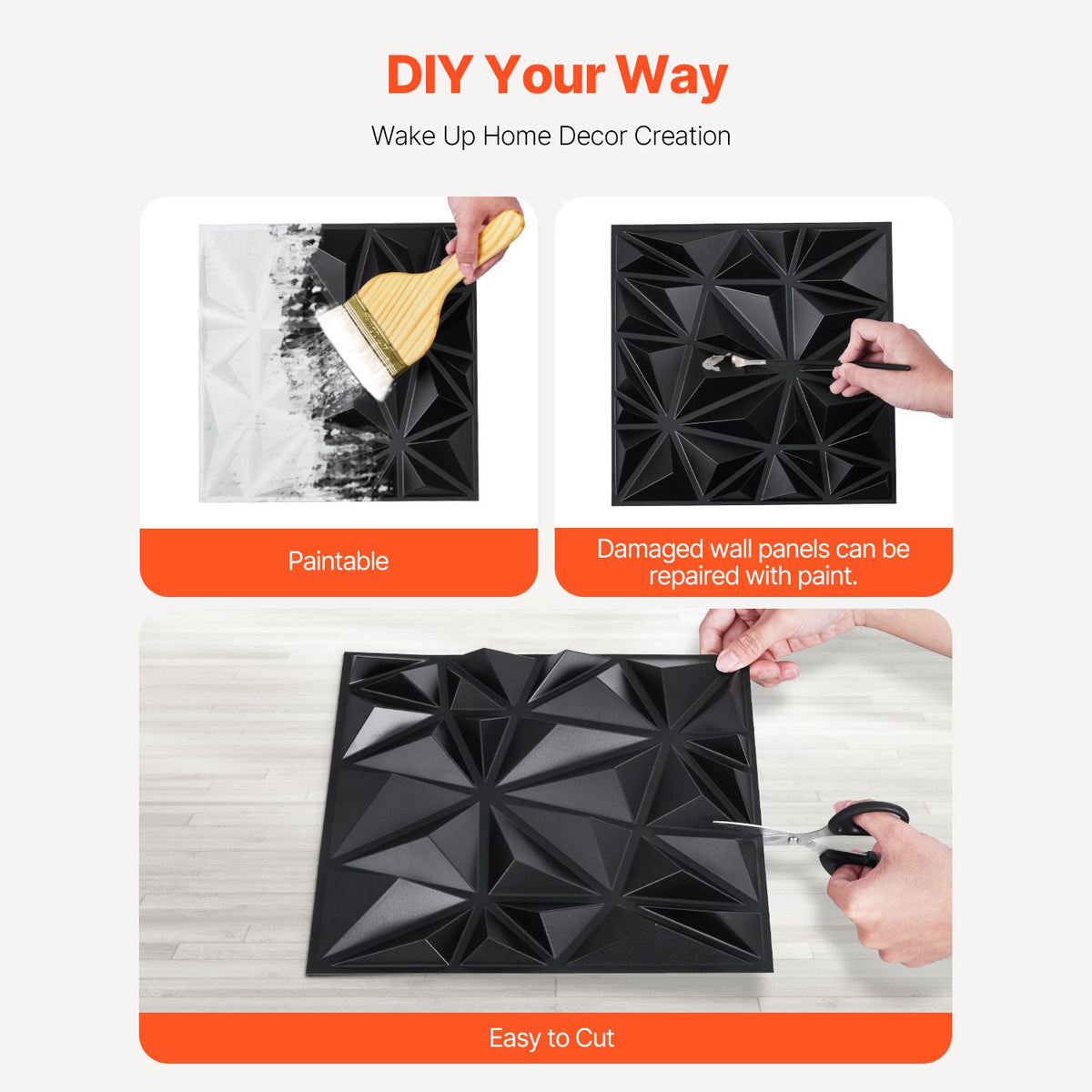 3D Wall Panels, 33-Pack 30 x 30 cm PVC Modern Art Minimalist Diamond Tiles, 2.97 m² Coverage Accent Wall Panel, Interior Home Decor for Ceiling, Bedroom, Living Room, Gaming Room, Matte Black