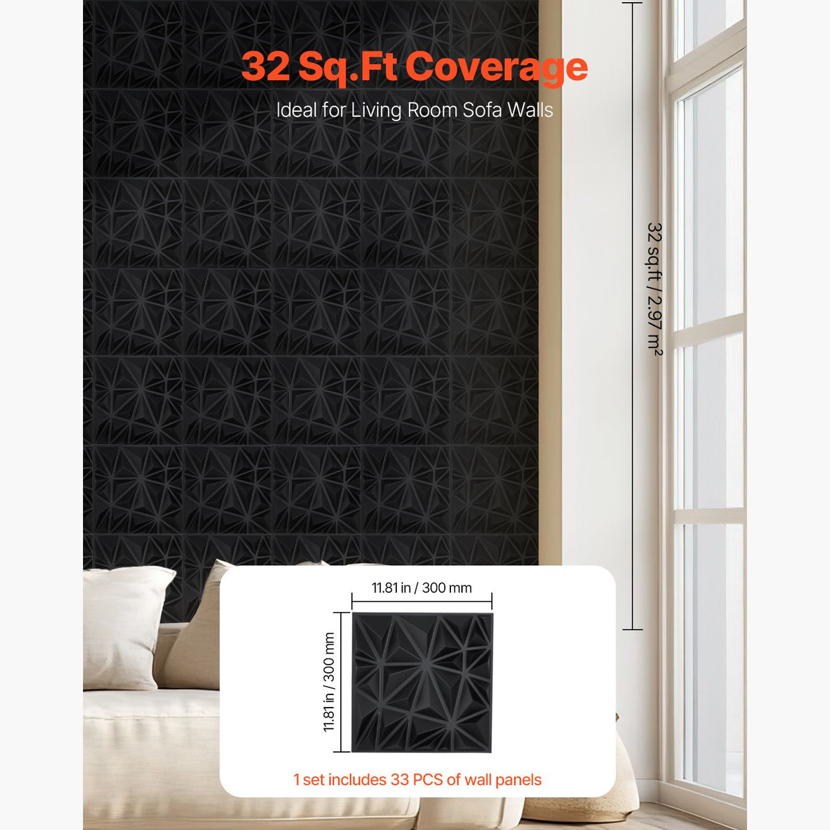 3D Wall Panels, 33-Pack 30 x 30 cm PVC Modern Art Minimalist Diamond Tiles, 2.97 m² Coverage Accent Wall Panel, Interior Home Decor for Ceiling, Bedroom, Living Room, Gaming Room, Matte Black