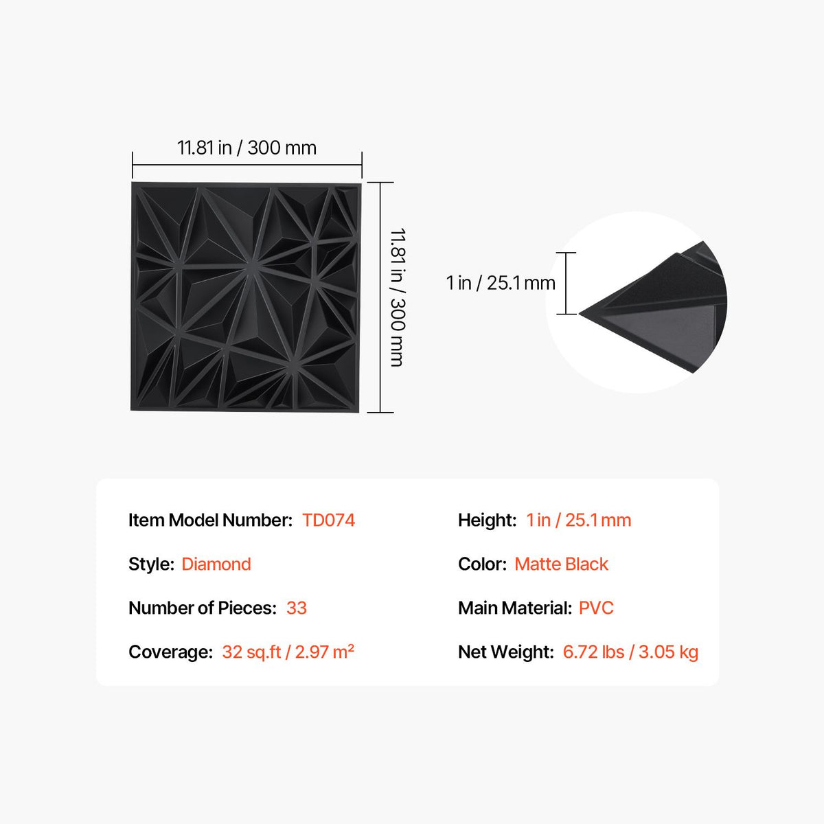 3D Wall Panels, 33-Pack 30 x 30 cm PVC Modern Art Minimalist Diamond Tiles, 2.97 m² Coverage Accent Wall Panel, Interior Home Decor for Ceiling, Bedroom, Living Room, Gaming Room, Matte Black