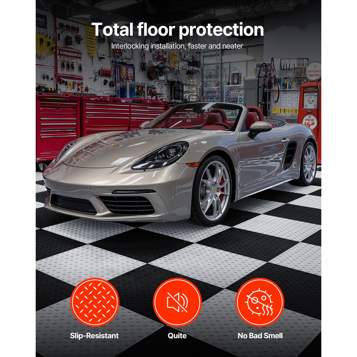 Garage Floor Tiles Interlocking, 16 Pack 513 x 513 x 5 mm Interlocking Modular Garage Flooring Tiles, Diamond Plate Slip-Resistant PVC Mats for Workshop,Warehouse,Tool Room, Graphite Gray