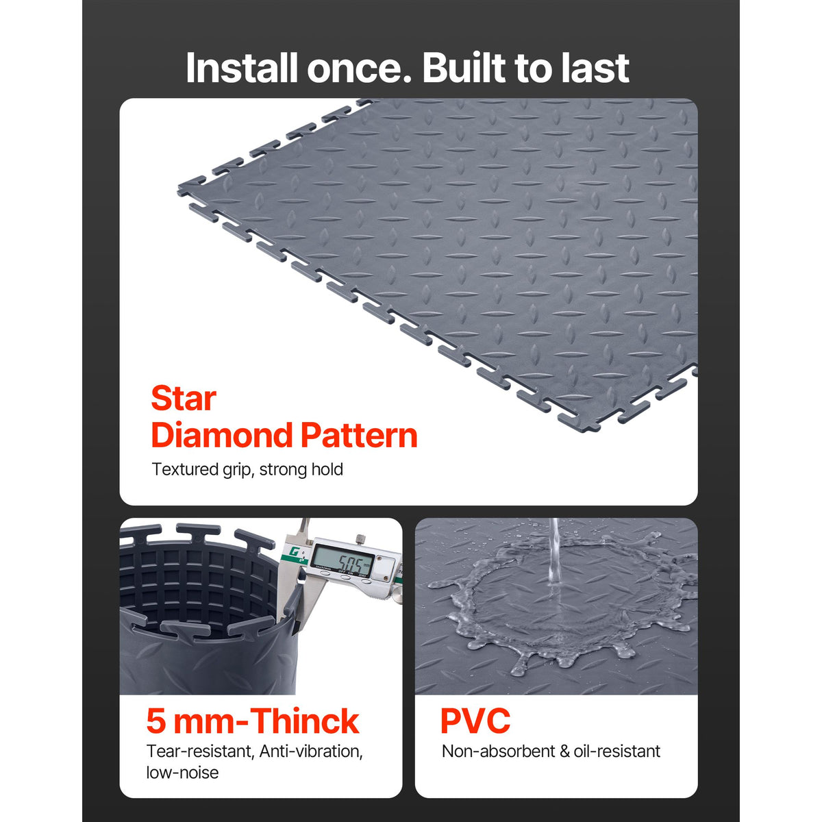 Garage Floor Tiles Interlocking, 16 Pack 513 x 513 x 5 mm Interlocking Modular Garage Flooring Tiles, Diamond Plate Slip-Resistant PVC Mats for Workshop,Warehouse,Tool Room, Graphite Gray