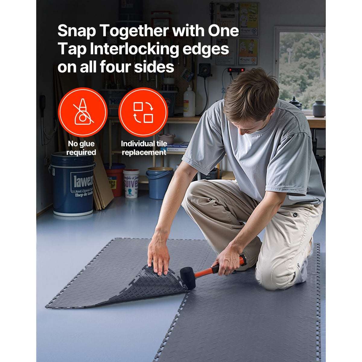 Garage Floor Tiles Interlocking, 16 Pack 513 x 513 x 5 mm Interlocking Modular Garage Flooring Tiles, Diamond Plate Slip-Resistant PVC Mats for Workshop,Warehouse,Tool Room, Graphite Gray