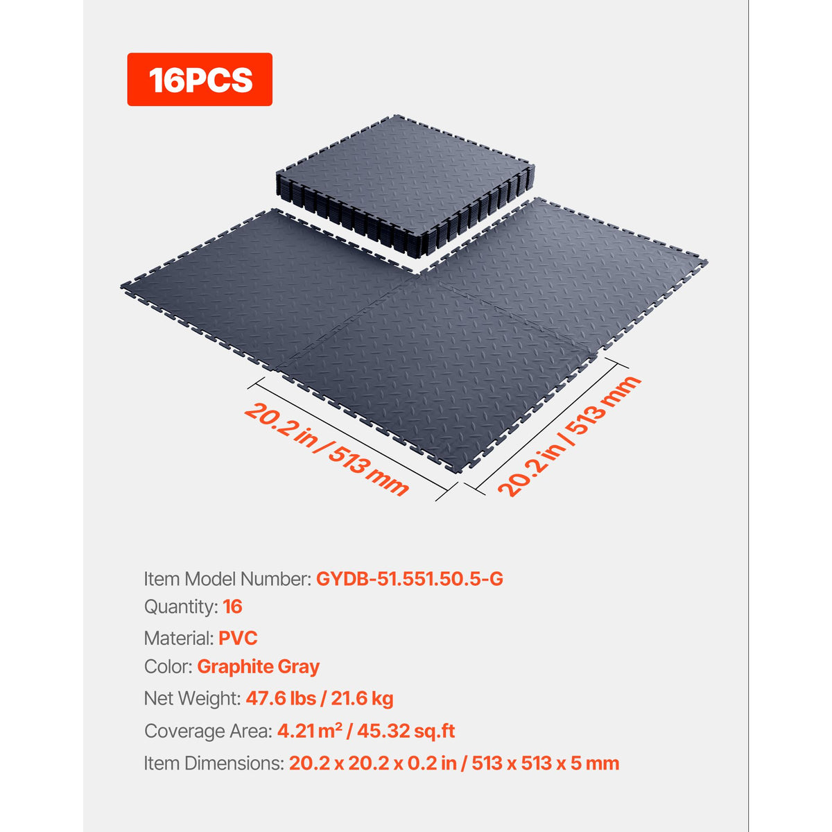 Garage Floor Tiles Interlocking, 16 Pack 513 x 513 x 5 mm Interlocking Modular Garage Flooring Tiles, Diamond Plate Slip-Resistant PVC Mats for Workshop,Warehouse,Tool Room, Graphite Gray