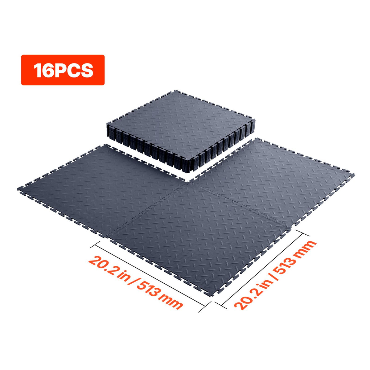 Garage Floor Tiles Interlocking, 16 Pack 513 x 513 x 5 mm Interlocking Modular Garage Flooring Tiles, Diamond Plate Slip-Resistant PVC Mats for Workshop,Warehouse,Tool Room, Graphite Gray