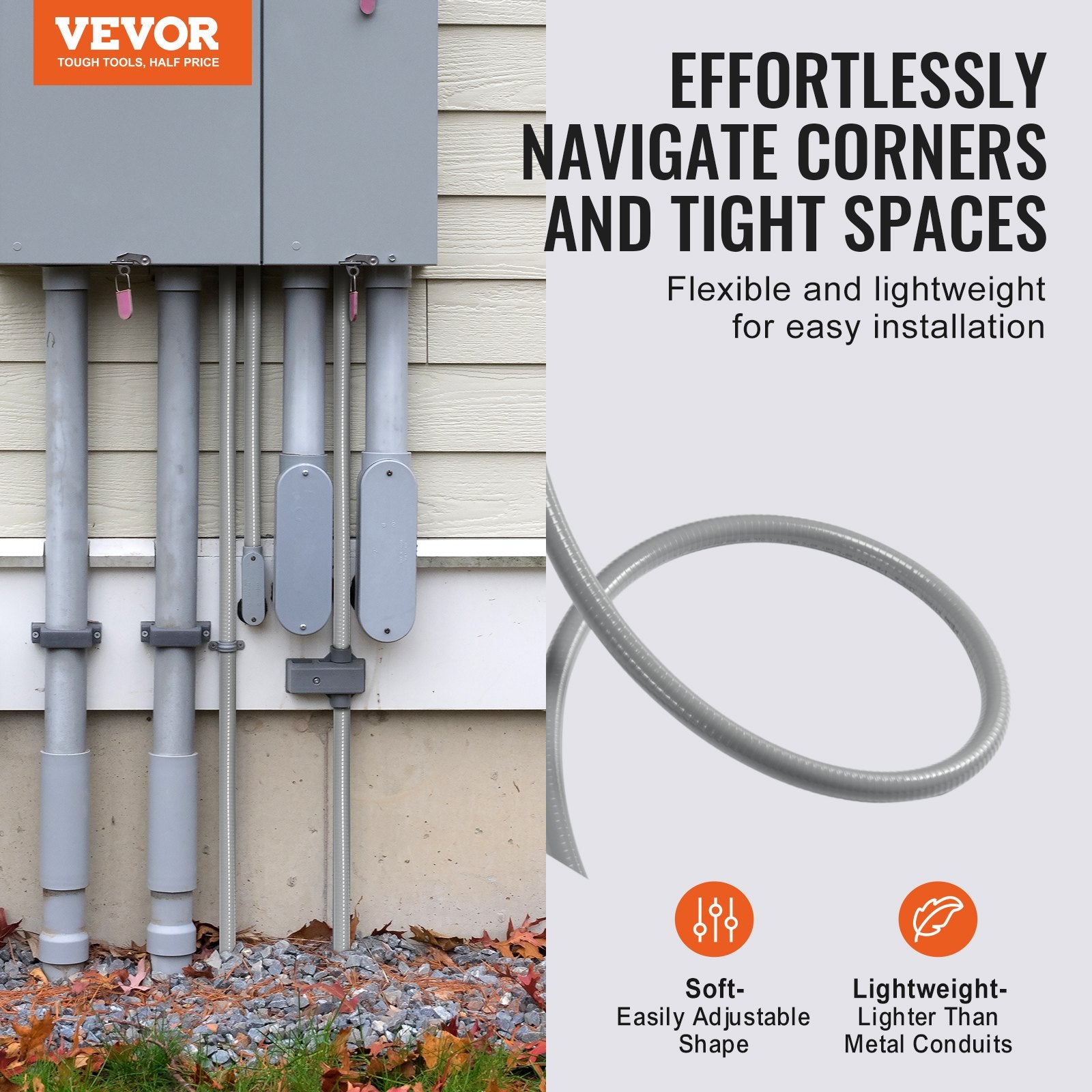 12.7 mm Flexible Electrical Conduit, 30.5 m, PVC Liquid-Tight Conduit Non-Metallic with 5 Straight and 5 90-Degree Conduit Connector Fittings, for Air Conditioning Motor Controller Pump, IP65