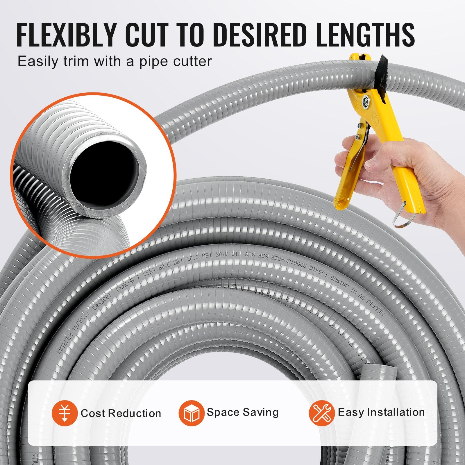 12.7 mm Flexible Electrical Conduit, 30.5 m, PVC Liquid-Tight Conduit Non-Metallic with 5 Straight and 5 90-Degree Conduit Connector Fittings, for Air Conditioning Motor Controller Pump, IP65