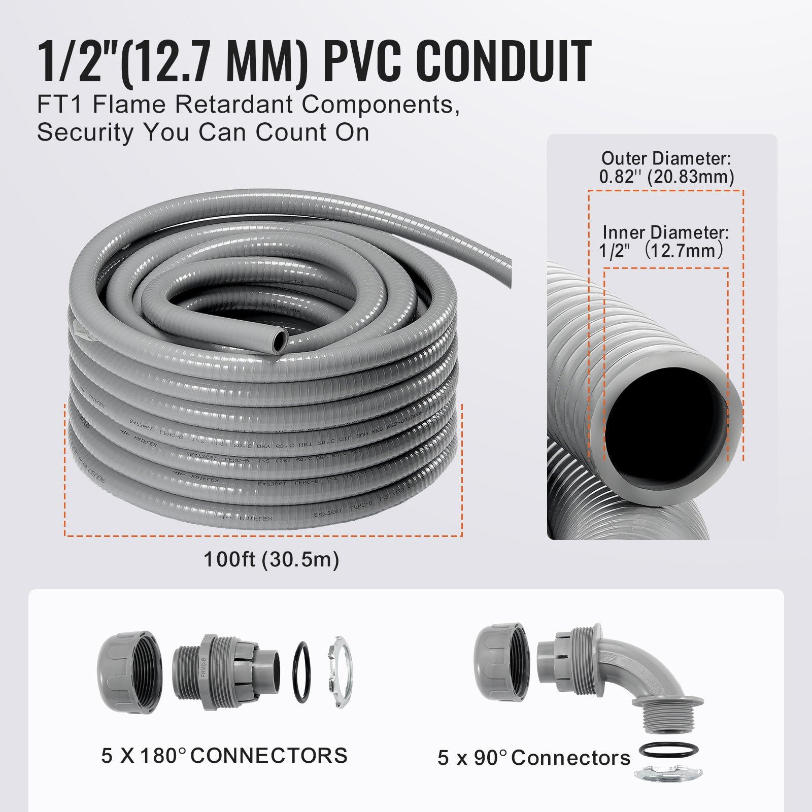 12.7 mm Flexible Electrical Conduit, 30.5 m, PVC Liquid-Tight Conduit Non-Metallic with 5 Straight and 5 90-Degree Conduit Connector Fittings, for Air Conditioning Motor Controller Pump, IP65