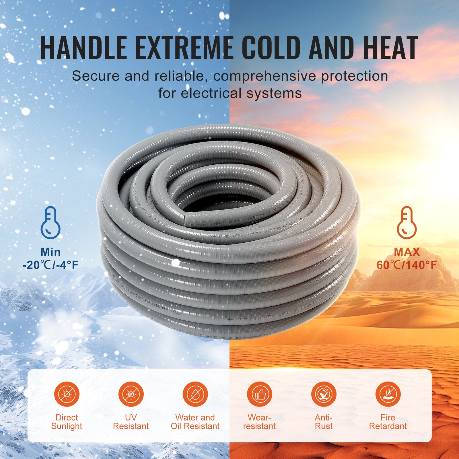 12.7 mm Flexible Electrical Conduit, 30.5 m, PVC Liquid-Tight Conduit Non-Metallic with 5 Straight and 5 90-Degree Conduit Connector Fittings, for Air Conditioning Motor Controller Pump, IP65