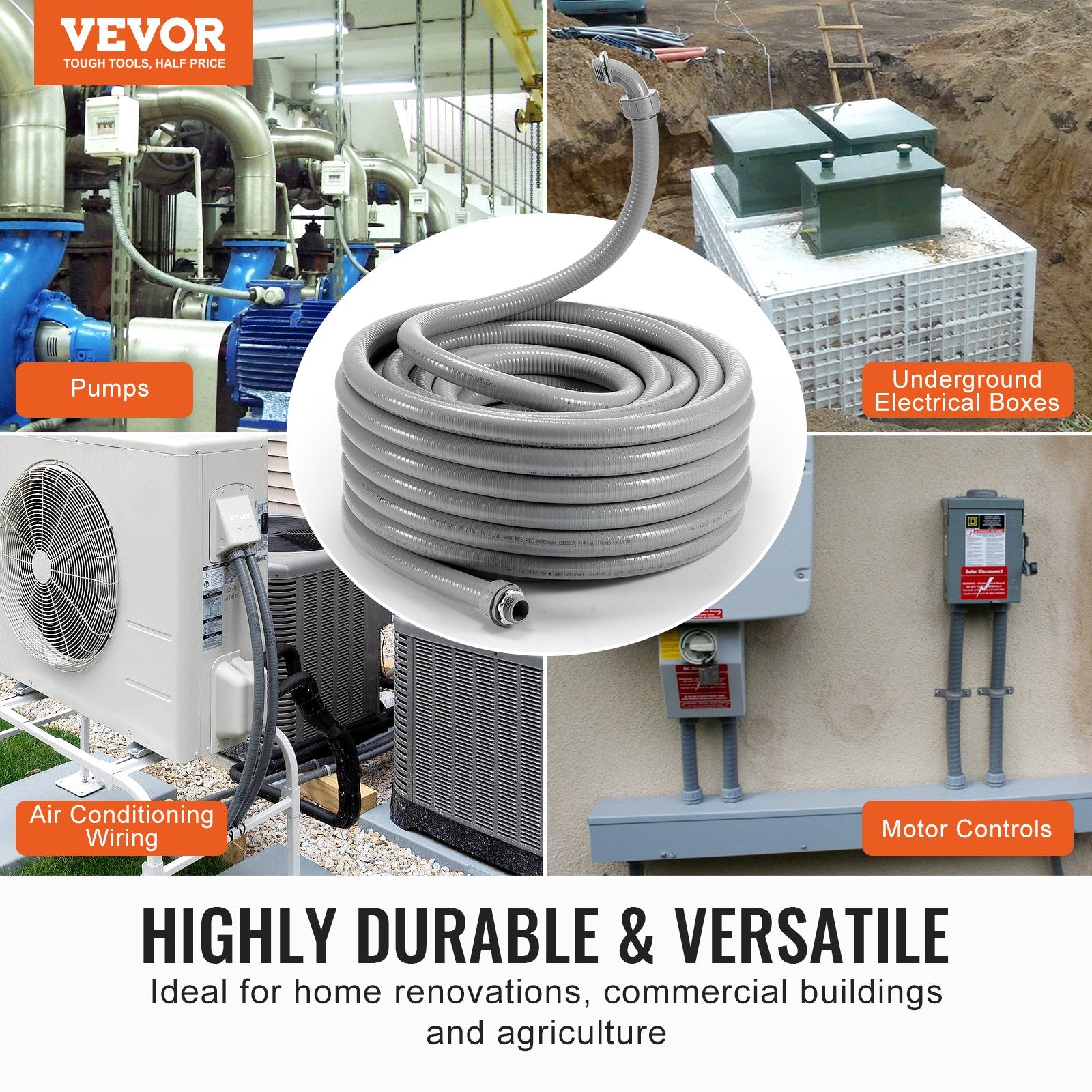 12.7 mm Flexible Electrical Conduit, 30.5 m, PVC Liquid-Tight Conduit Non-Metallic with 5 Straight and 5 90-Degree Conduit Connector Fittings, for Air Conditioning Motor Controller Pump, IP65