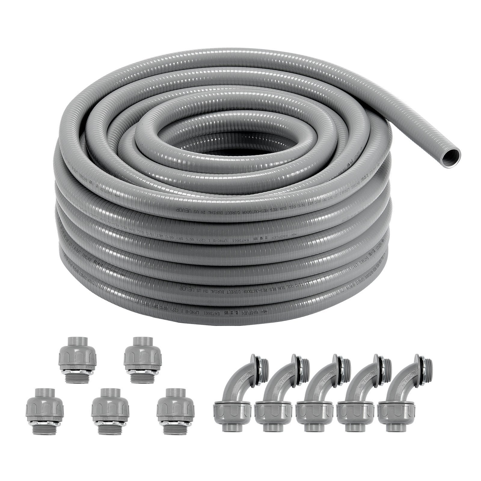 12.7 mm Flexible Electrical Conduit, 30.5 m, PVC Liquid-Tight Conduit Non-Metallic with 5 Straight and 5 90-Degree Conduit Connector Fittings, for Air Conditioning Motor Controller Pump, IP65