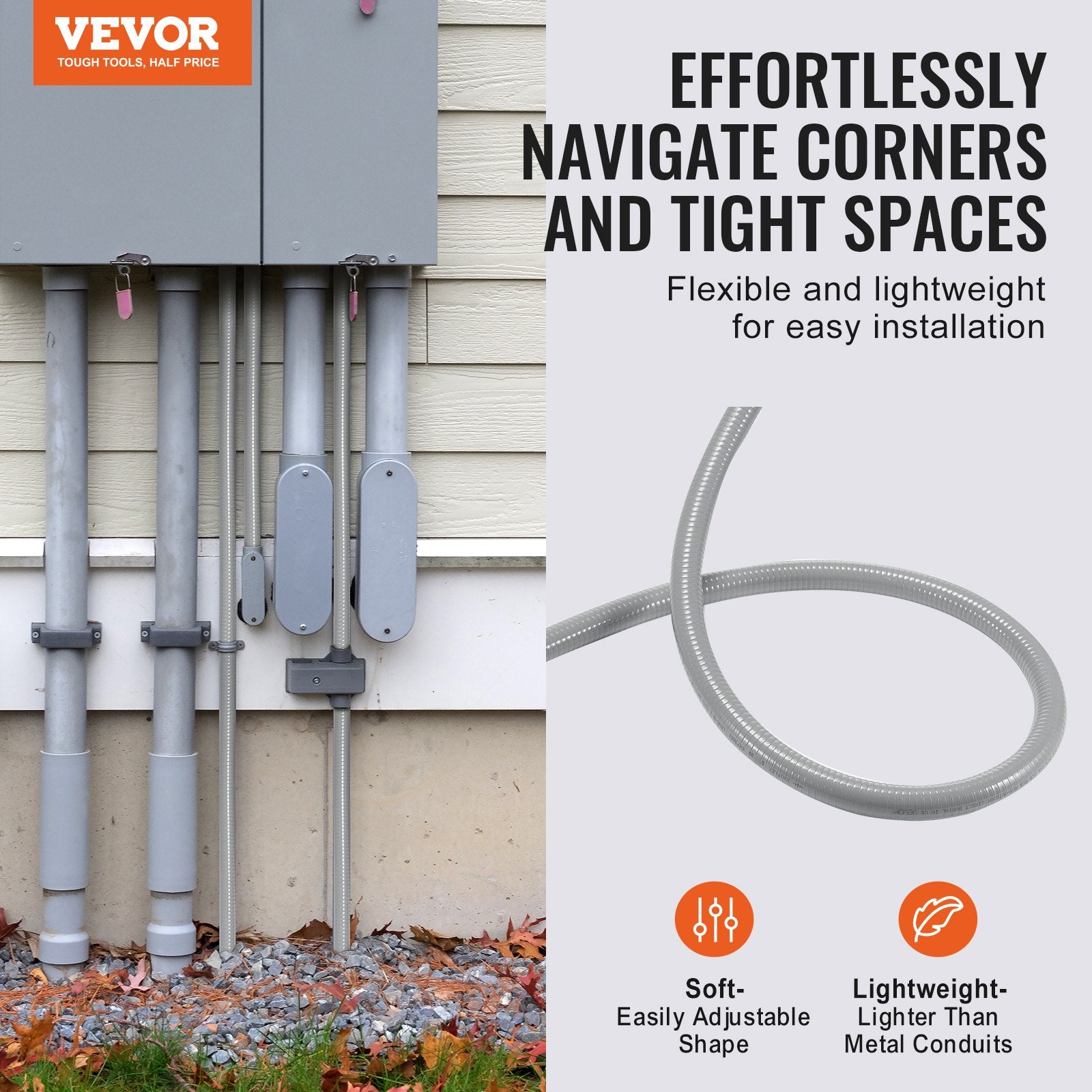 25.4 mm Flexible Electrical Conduit, 30.5 m, PVC Liquid-Tight Conduit Non-Metallic with 5 Straight and 5 90-Degree Conduit Connector Fittings, for Air Conditioning Motor Controller Pump, IP65