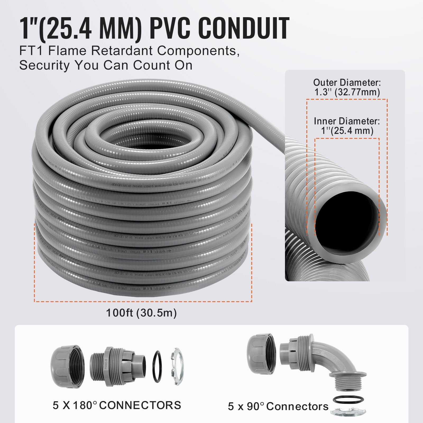 25.4 mm Flexible Electrical Conduit, 30.5 m, PVC Liquid-Tight Conduit Non-Metallic with 5 Straight and 5 90-Degree Conduit Connector Fittings, for Air Conditioning Motor Controller Pump, IP65