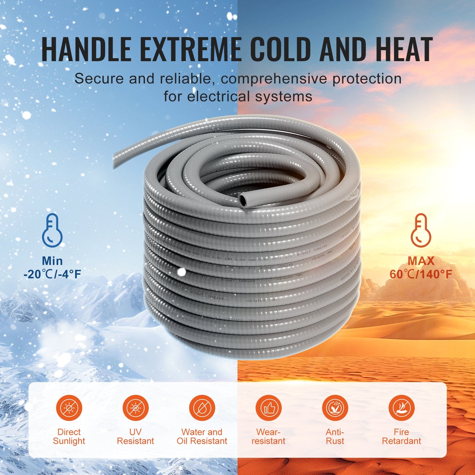 25.4 mm Flexible Electrical Conduit, 30.5 m, PVC Liquid-Tight Conduit Non-Metallic with 5 Straight and 5 90-Degree Conduit Connector Fittings, for Air Conditioning Motor Controller Pump, IP65