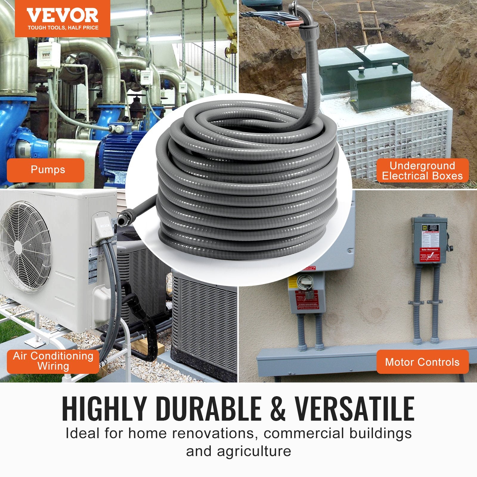 25.4 mm Flexible Electrical Conduit, 30.5 m, PVC Liquid-Tight Conduit Non-Metallic with 5 Straight and 5 90-Degree Conduit Connector Fittings, for Air Conditioning Motor Controller Pump, IP65