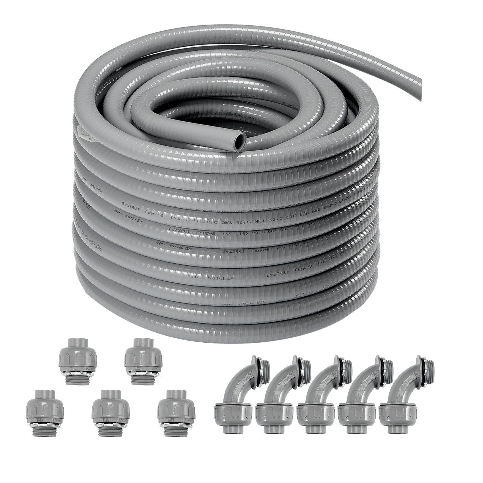 25.4 mm Flexible Electrical Conduit, 30.5 m, PVC Liquid-Tight Conduit Non-Metallic with 5 Straight and 5 90-Degree Conduit Connector Fittings, for Air Conditioning Motor Controller Pump, IP65